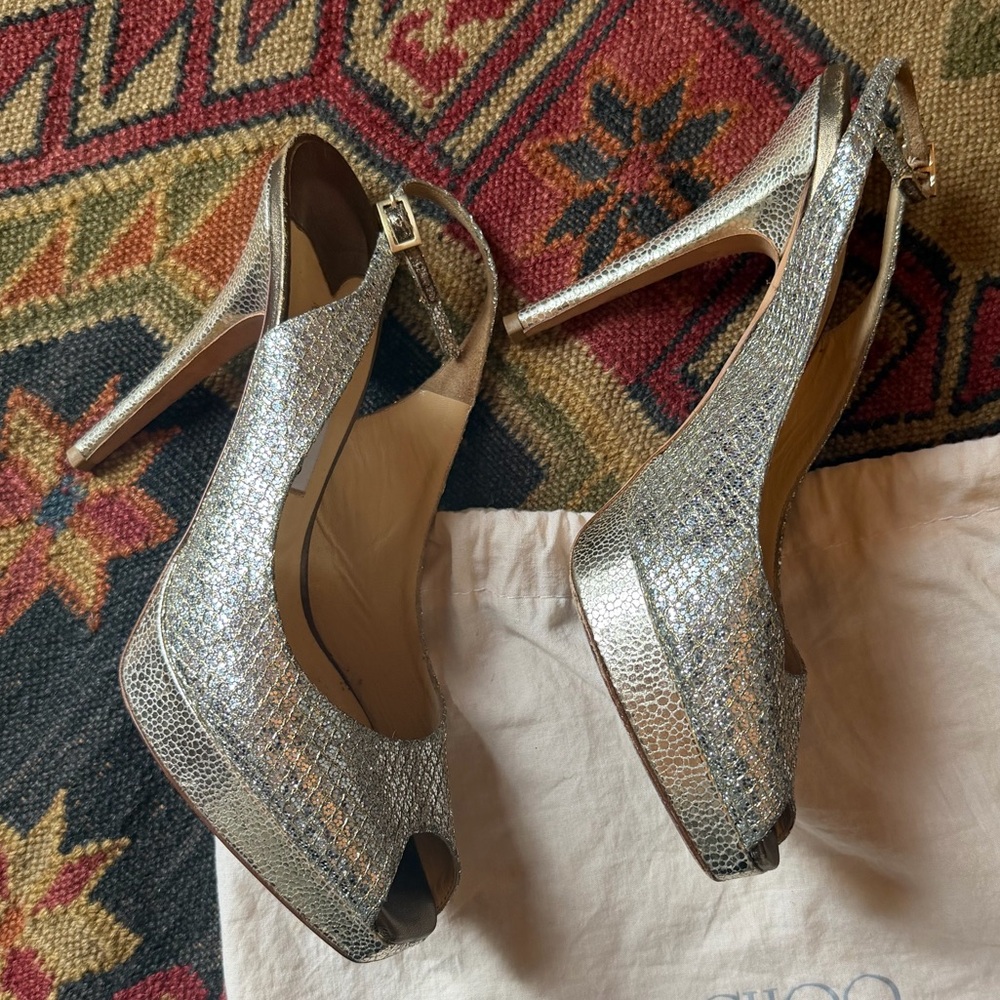 Jimmy Choo Silver Textured Peep-Toe Slingback Pumps